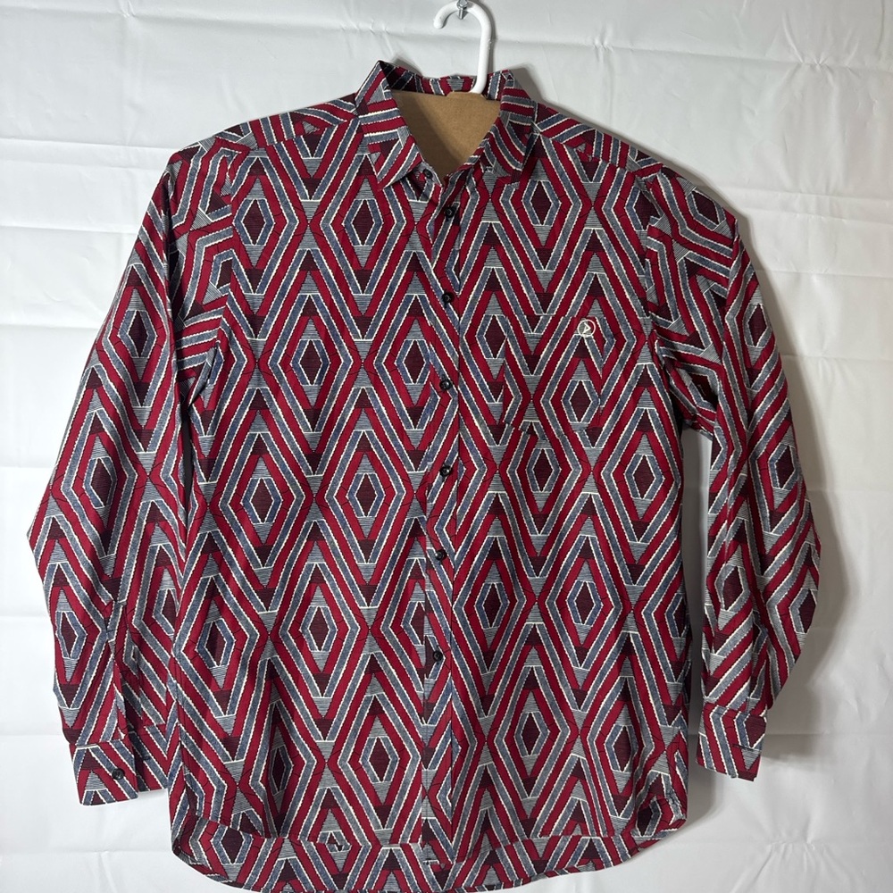 D’iyanu Men’s African Print Button-Down Shirt – Red & Blue Geometric – Size XL